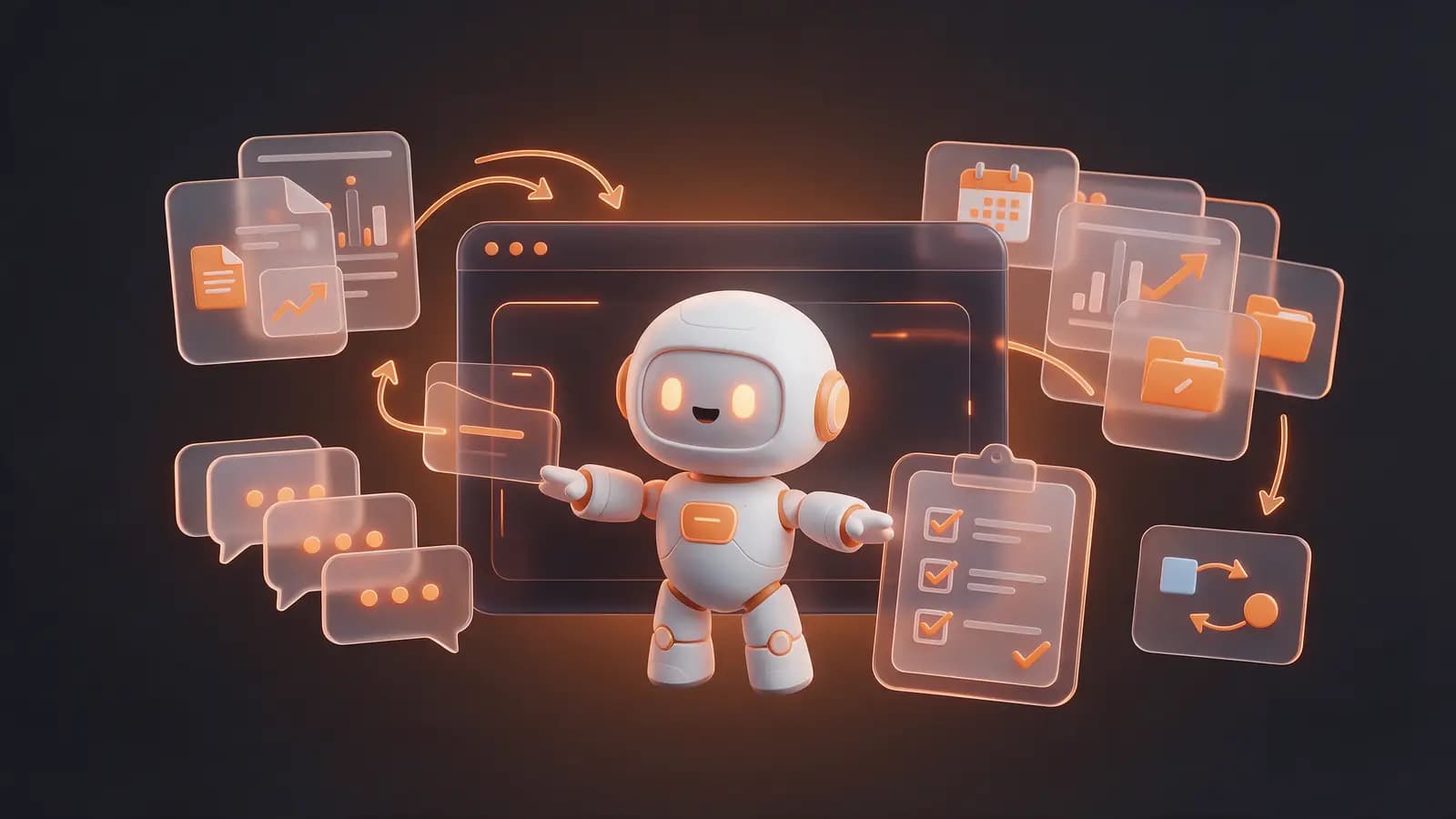 Ilustracja: asystent AI porządkujący dokumenty i zadania w firmie